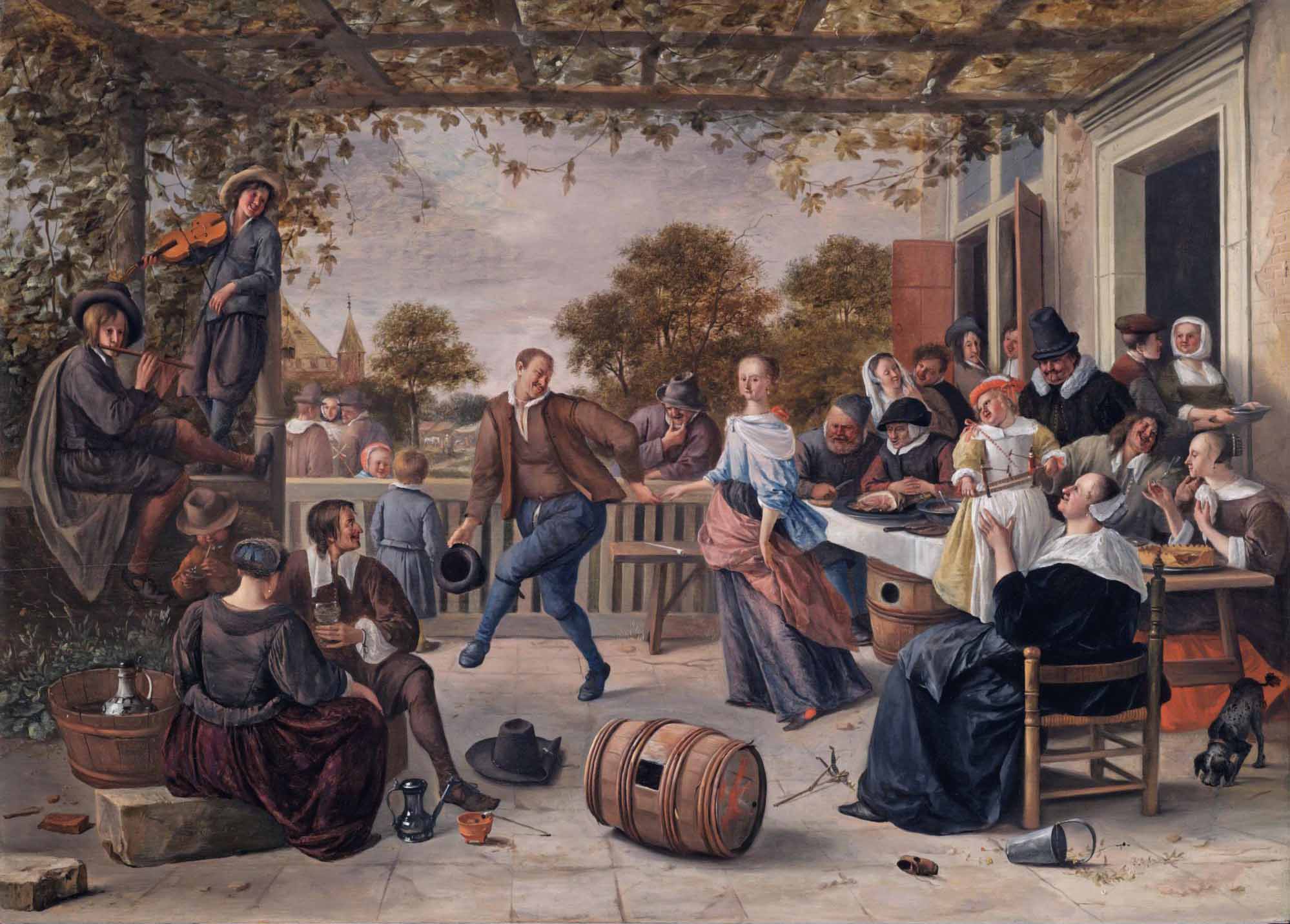 A terrace with a couple dancing to a pipe and fiddle